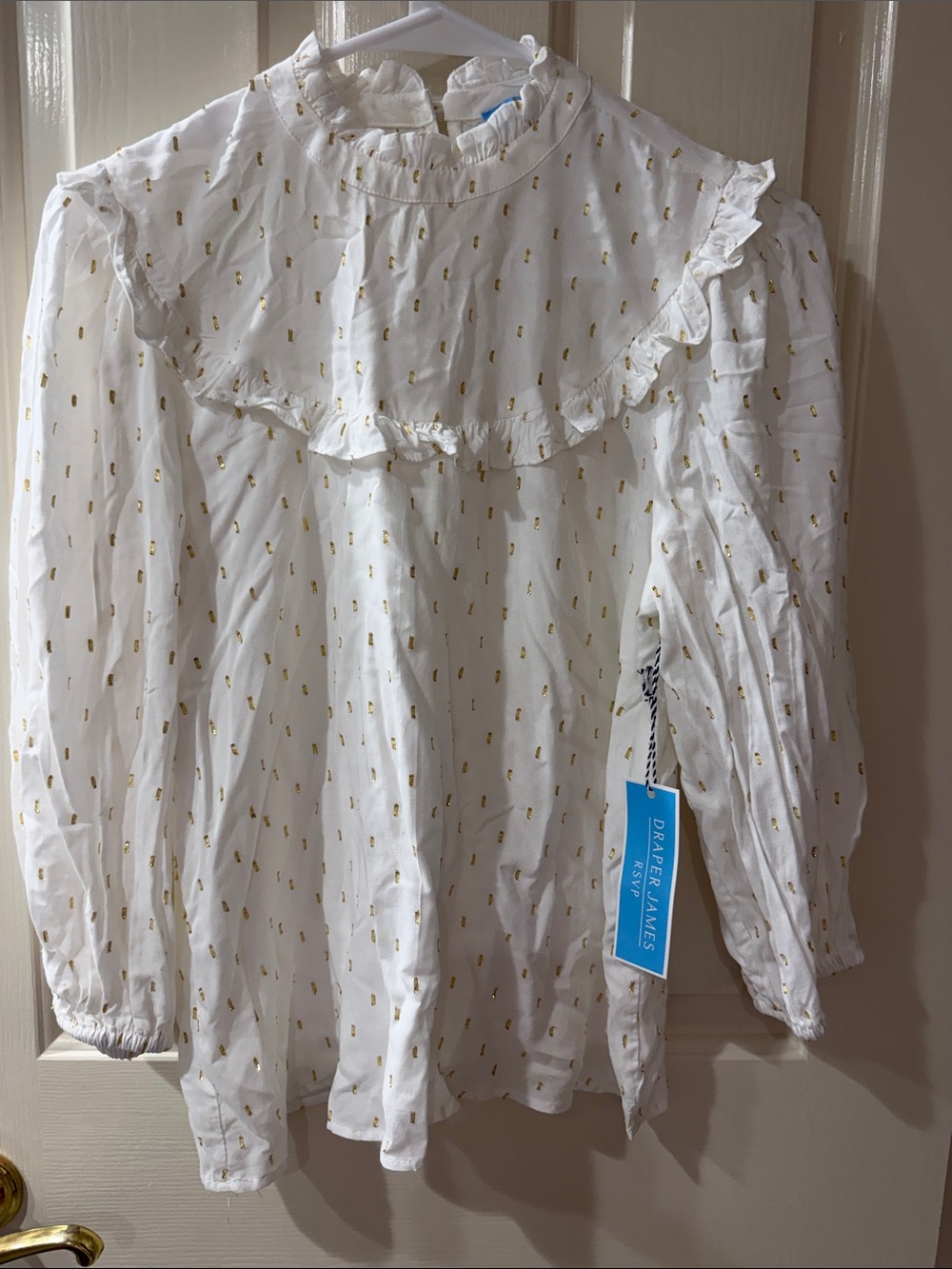 NWT XS Draper James White Ruffle Blouse with Gold Dot Print